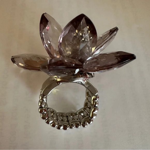 Flower Ring with Faceted Acrylic Petals and Faux Pearls - One Size Fits Most - Picture 2 of 7